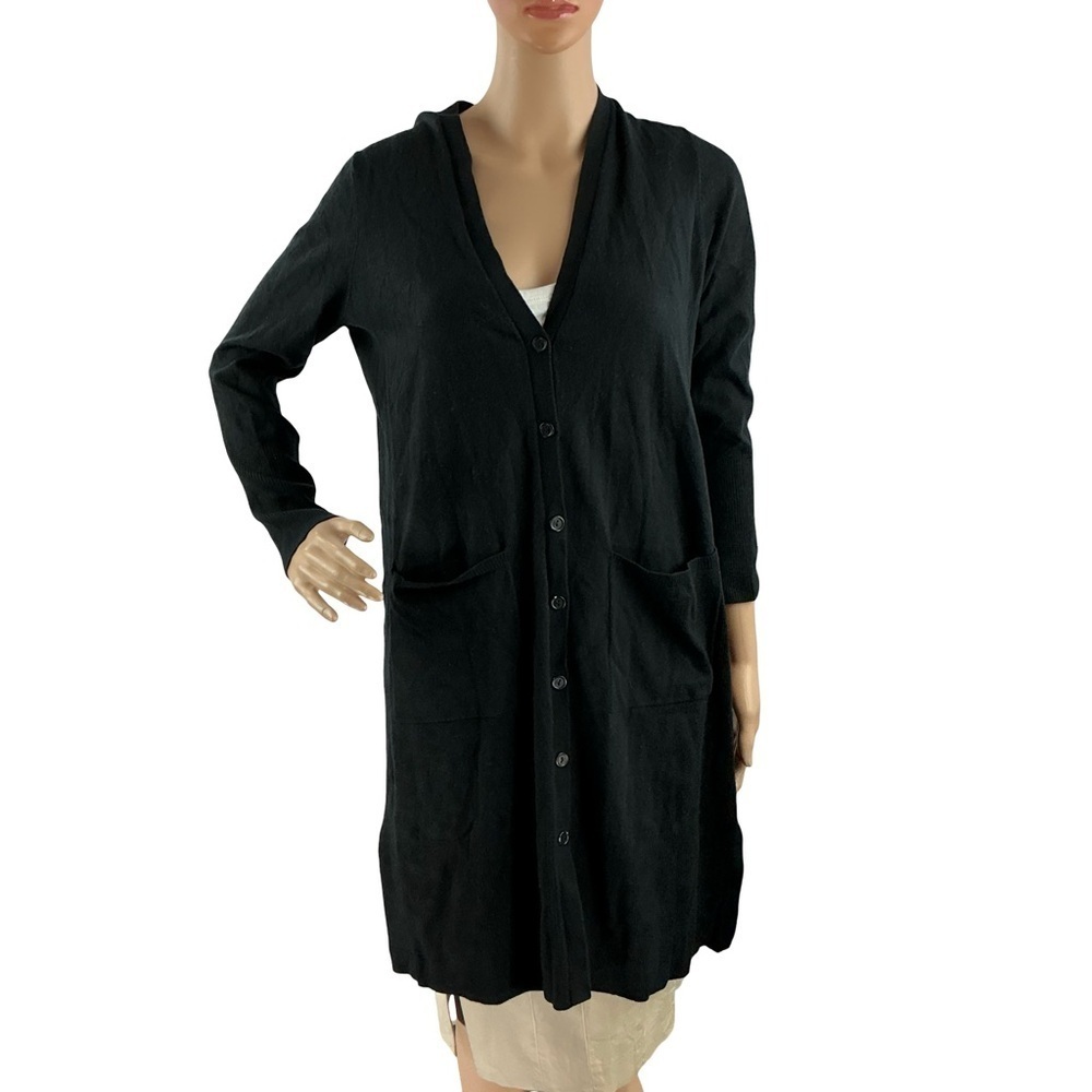 Eileen Fisher Black Wool Button Front Duster Cardigan Sweater Size M